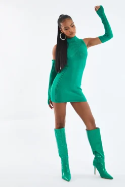 Rebellious Fashion Green Knitted Cold Shoulder Mini Dress - Ash