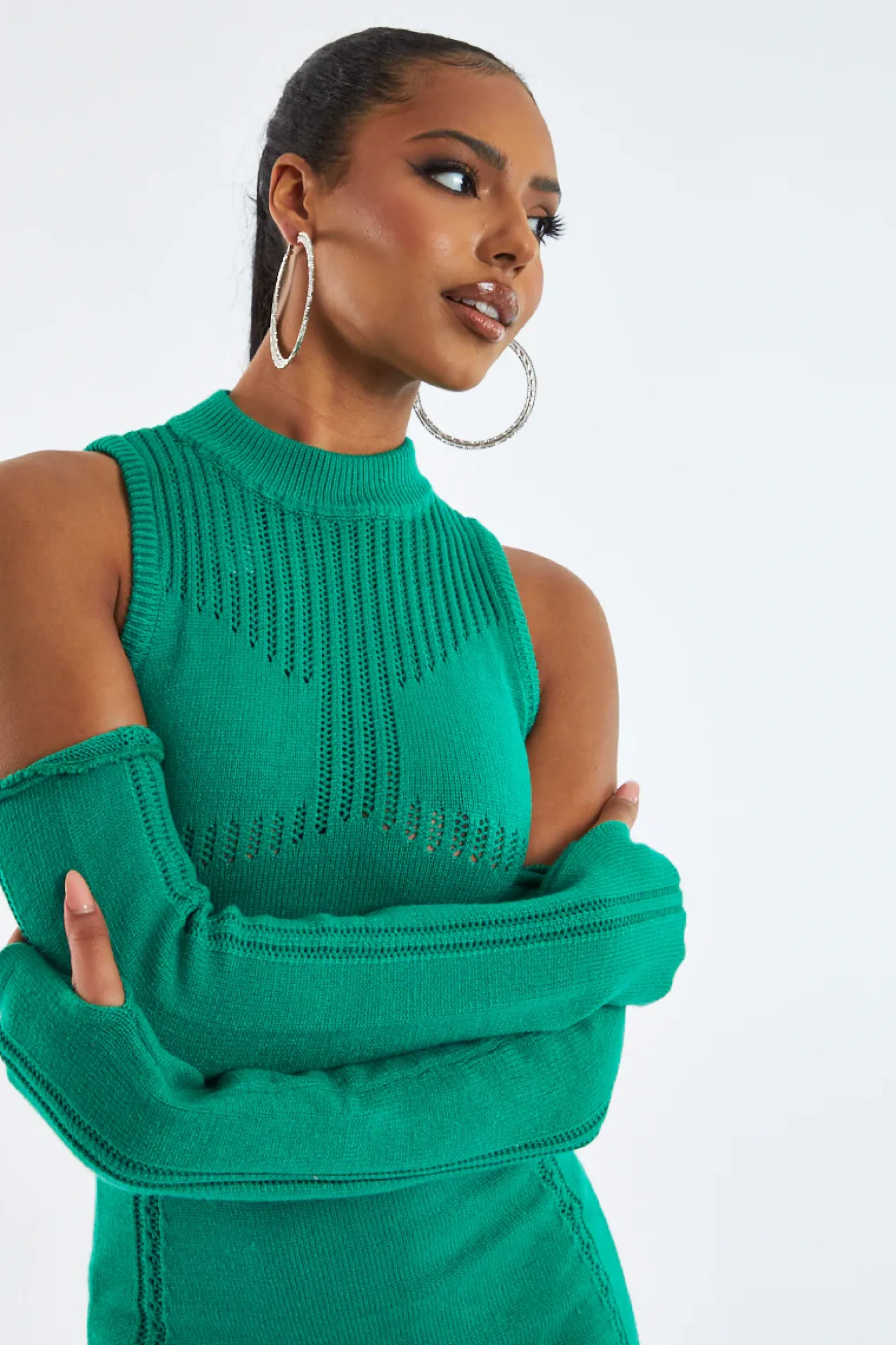Rebellious Fashion Green Knitted Cold Shoulder Mini Dress - Ash