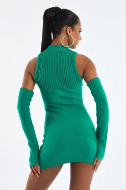 Rebellious Fashion Green Knitted Cold Shoulder Mini Dress - Ash