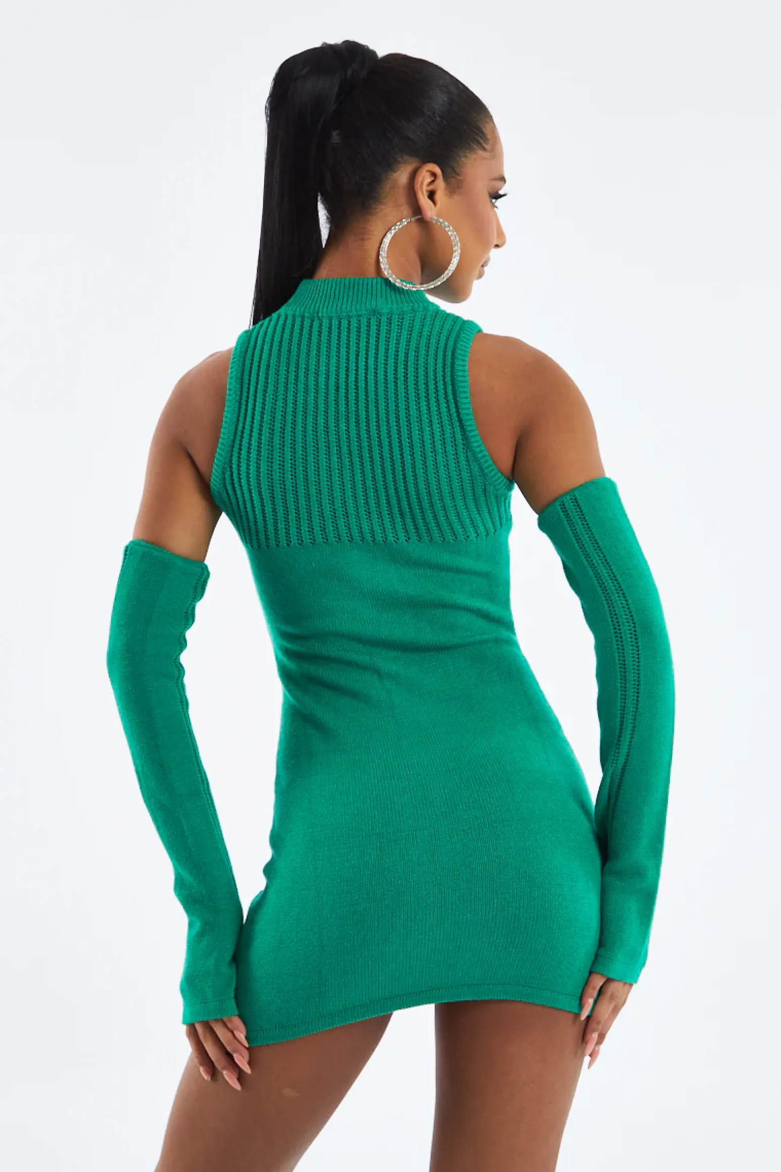 Rebellious Fashion Green Knitted Cold Shoulder Mini Dress - Ash