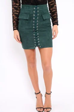 Rebellious Fashion Green Lace Up Suedette Mini Skirt - Lotty