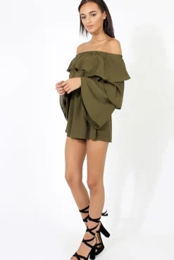 Rebellious Fashion Green Layered Bardot Playsuit - Barbara