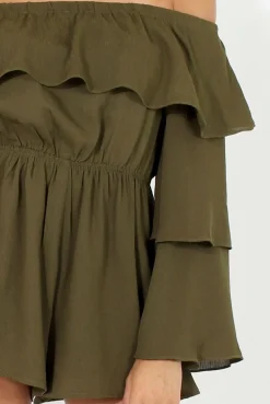 Rebellious Fashion Green Layered Bardot Playsuit - Barbara