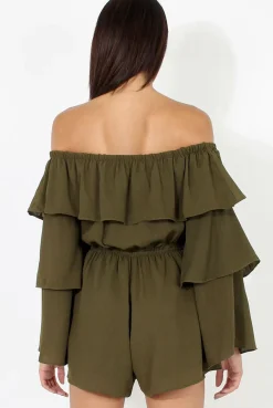 Rebellious Fashion Green Layered Bardot Playsuit - Barbara