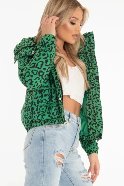 Rebellious Fashion Green Leopard Print Zip Front Puffer Coat - Lidya