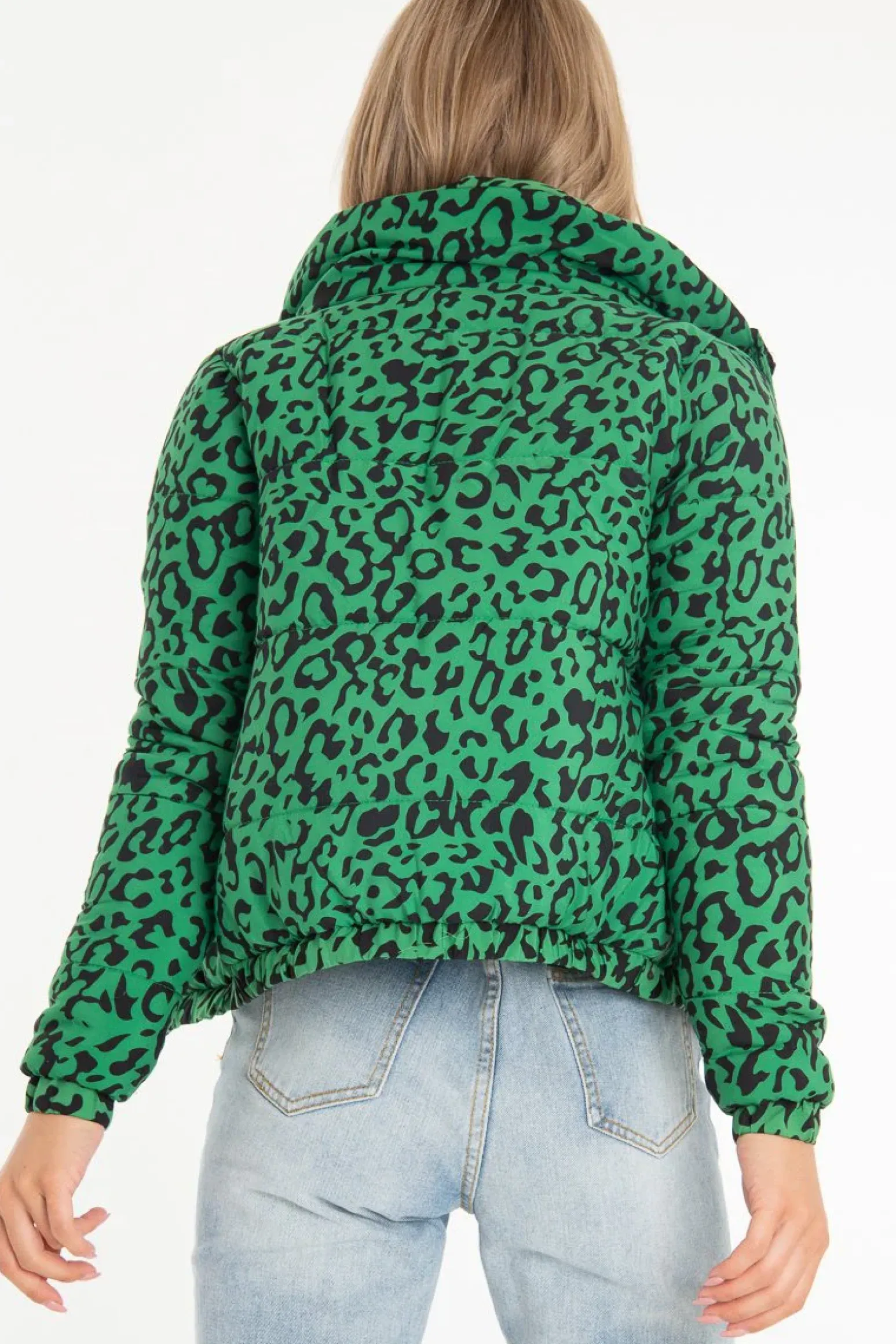 Rebellious Fashion Green Leopard Print Zip Front Puffer Coat - Lidya