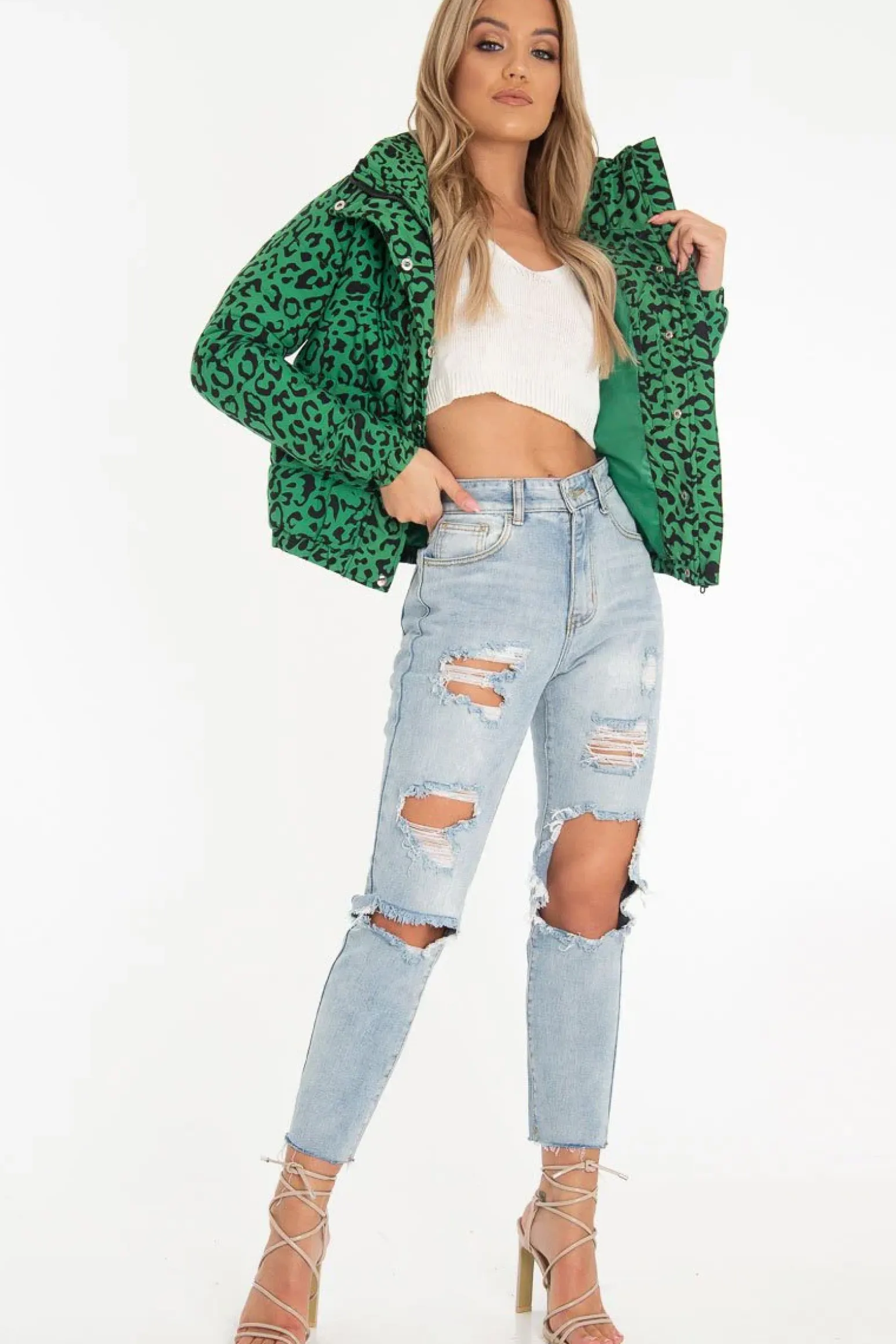 Rebellious Fashion Green Leopard Print Zip Front Puffer Coat - Lidya