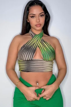 Rebellious Fashion Green Mesh Blend Halter Neck Crop Top - Naroa