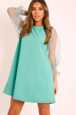 Rebellious Fashion Green Mesh Sleeve Shift Dress - Elizzie