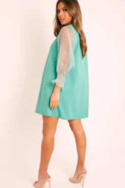 Rebellious Fashion Green Mesh Sleeve Shift Dress - Elizzie