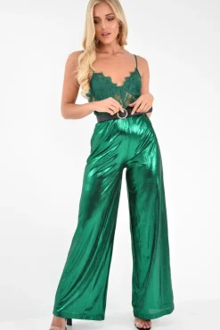 Rebellious Fashion Green Metallic High Waist Wide Leg Trousers - Lissette