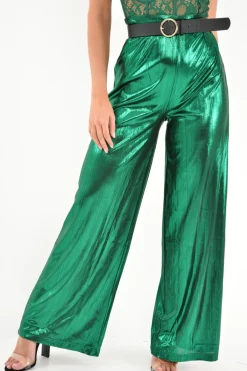 Rebellious Fashion Green Metallic High Waist Wide Leg Trousers - Lissette