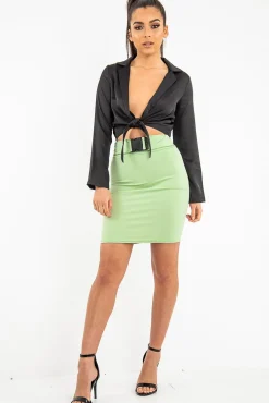 Rebellious Fashion Green Mint Faux Suede Buckle Front Mini Skirt - Leya