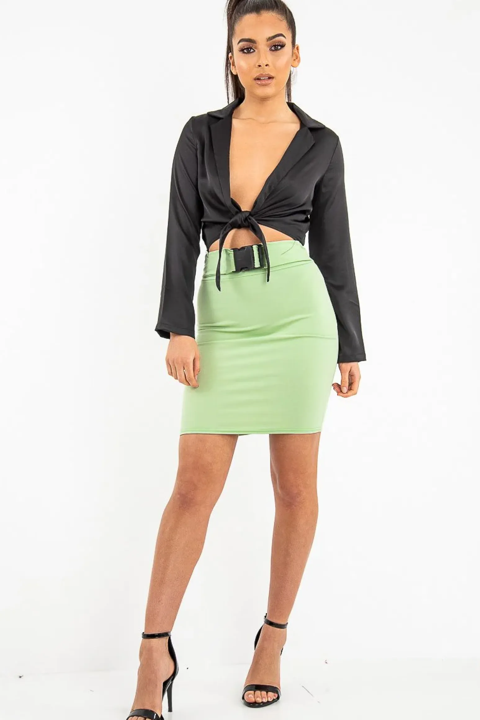 Rebellious Fashion Green Mint Faux Suede Buckle Front Mini Skirt - Leya