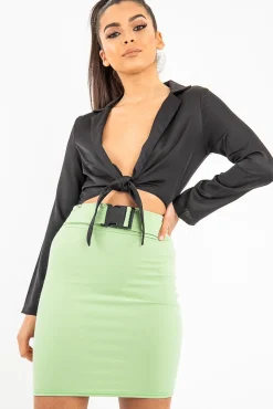 Rebellious Fashion Green Mint Faux Suede Buckle Front Mini Skirt - Leya