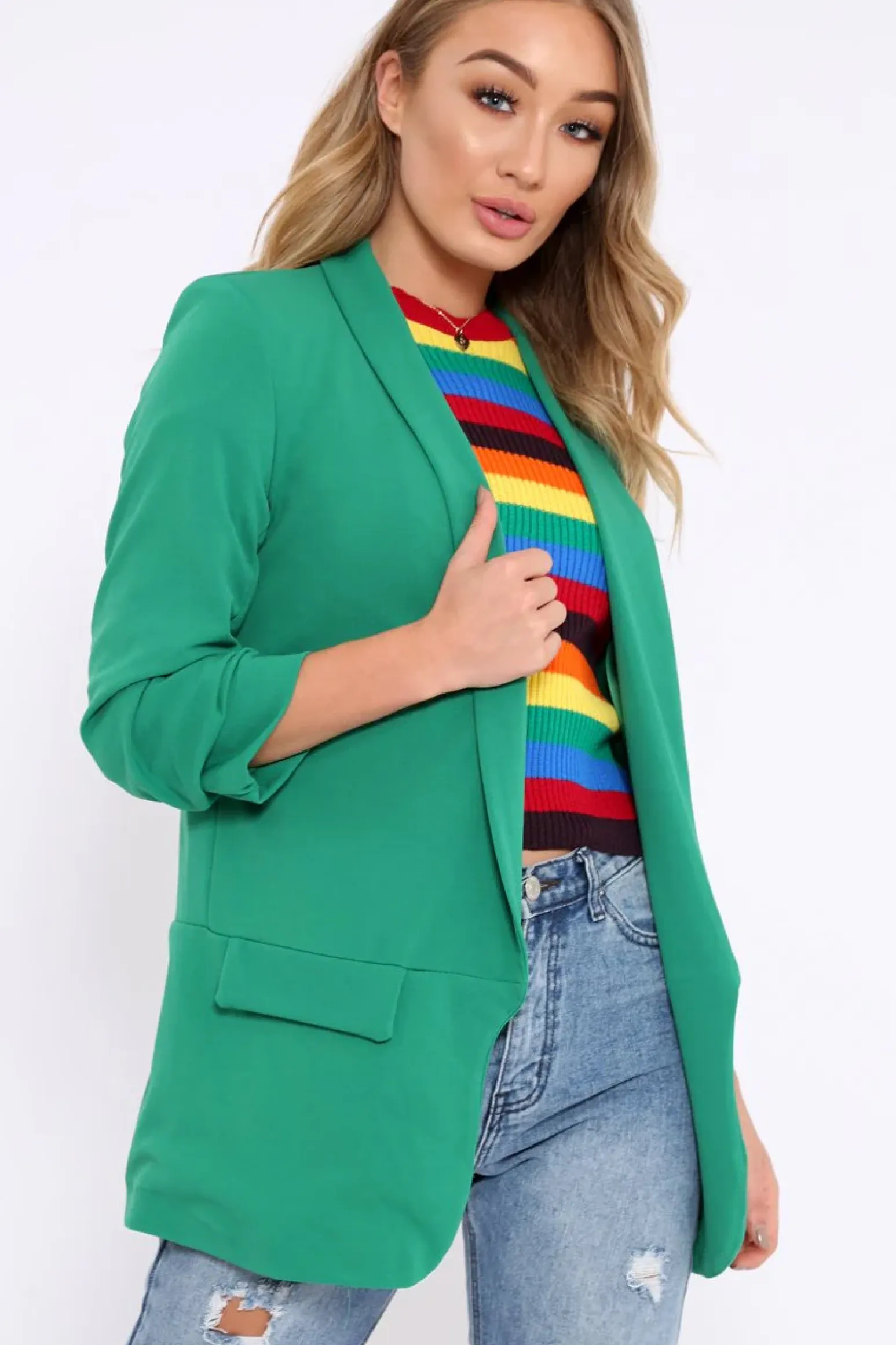 Rebellious Fashion Green Open Front Ruffled Sleeves Blazer - Kanna