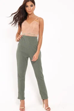 Rebellious Fashion Green Pinstripe Tapered Trousers - Paighton