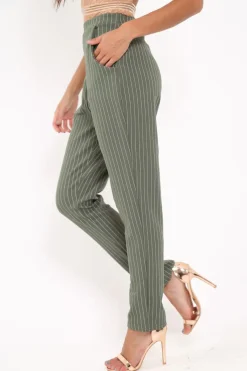 Rebellious Fashion Green Pinstripe Tapered Trousers - Paighton