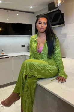 Rebellious Fashion Green Plisse Button Front Oversized Shirt & Trouser Set - Ingrid