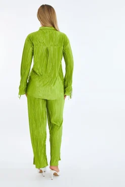 Rebellious Fashion Green Plisse Button Front Oversized Shirt & Trouser Set - Ingrid