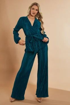 Rebellious Fashion Green Plisse Warp Front Top & Wide Leg Trouser Set - Ocean
