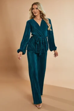 Rebellious Fashion Green Plisse Warp Front Top & Wide Leg Trouser Set - Ocean
