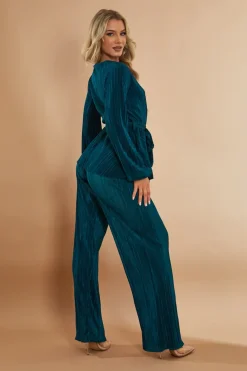 Rebellious Fashion Green Plisse Warp Front Top & Wide Leg Trouser Set - Ocean