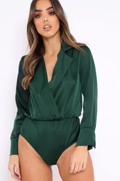 Rebellious Fashion Green Plunge Satin Bodysuit - Rebeka