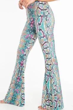 Rebellious Fashion Green Purple Yellow Snake Print Flared Trousers - Mianna