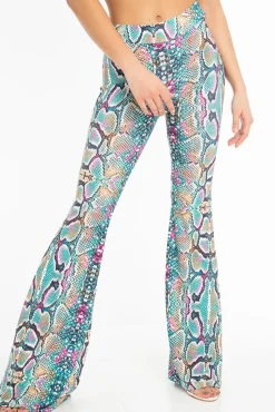 Rebellious Fashion Green Purple Yellow Snake Print Flared Trousers - Mianna