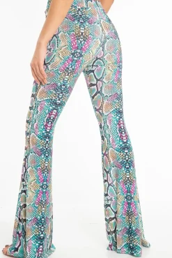 Rebellious Fashion Green Purple Yellow Snake Print Flared Trousers - Mianna