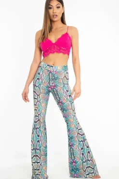 Rebellious Fashion Green Purple Yellow Snake Print Flared Trousers - Mianna