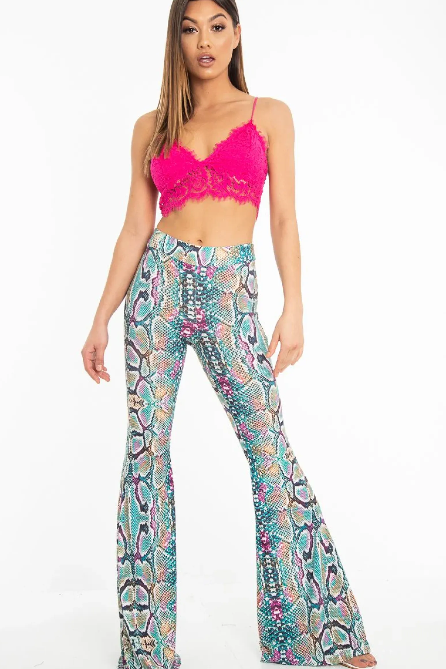Rebellious Fashion Green Purple Yellow Snake Print Flared Trousers - Mianna
