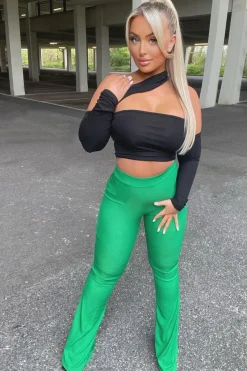 Rebellious Fashion Green Ribbed Flare Trousers - Jori