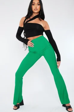 Rebellious Fashion Green Ribbed Flare Trousers - Jori