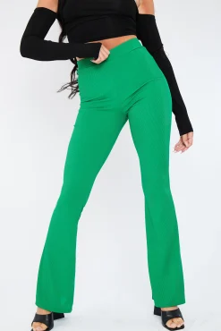Rebellious Fashion Green Ribbed Flare Trousers - Jori