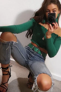 Rebellious Fashion Green Ribbed Frill Bardot Crop Top - Cassidy