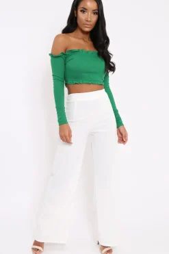 Rebellious Fashion Green Ribbed Frill Bardot Crop Top - Cassidy