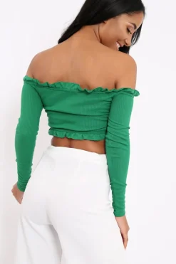 Rebellious Fashion Green Ribbed Frill Bardot Crop Top - Cassidy