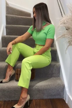 Rebellious Fashion Green Rib High Neck Crop Top - Talina