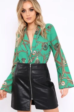 Rebellious Fashion Green Rope Print Plunge Bodysuit - Jani