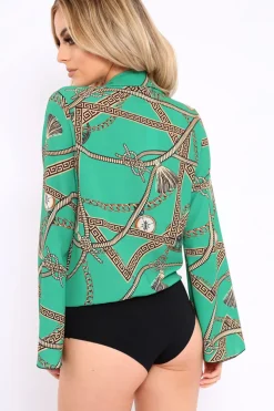 Rebellious Fashion Green Rope Print Plunge Bodysuit - Jani