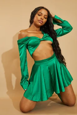 Rebellious Fashion Green Satin Flared High Waisted Shorts - Meral