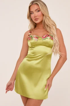 Rebellious Fashion Green Satin Floral Embroidered Mini Dress - Sonya