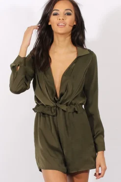 Rebellious Fashion Green Satin Plunge Knot Playsuit - Candy