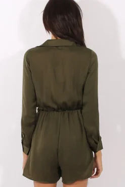 Rebellious Fashion Green Satin Plunge Knot Playsuit - Candy