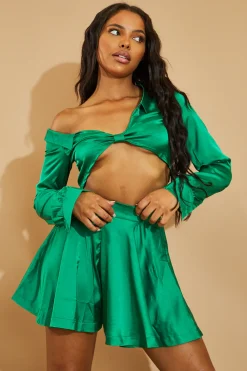 Rebellious Fashion Green Satin Plunge Neck Crop Top - Esther