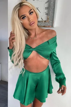 Rebellious Fashion Green Satin Plunge Neck Crop Top - Esther