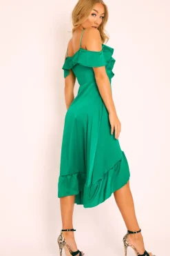 Rebellious Fashion Green Satin Ruffle Wrap Midi Dress - Eiza