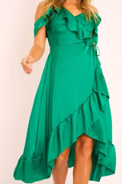 Rebellious Fashion Green Satin Ruffle Wrap Midi Dress - Eiza